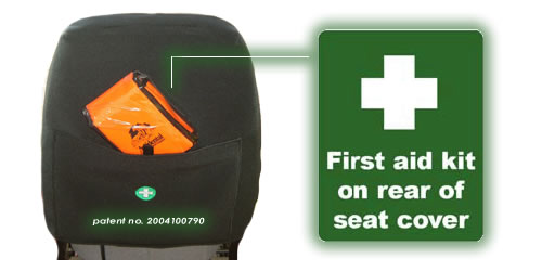 First aid kit on rear of seat cover